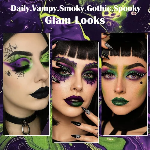 Vista 7 de Paleta de Sombras de Ojos Gótica Verde Morada - 18 Colores Mate Brillante Metálico Brillante y Oscuro Sombras de Ojos Góticas Ahumadas