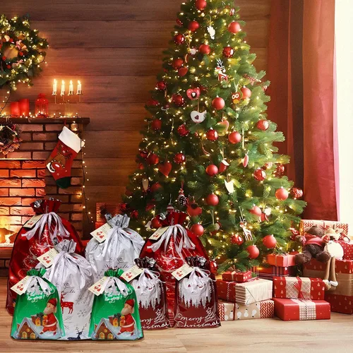 Vista 8 de Bolsas de regalo de Navidad con cordón, 20 bolsas de Navidad de varios tamaños para regalos, bolsas de plástico a granel, bolsas de regalo