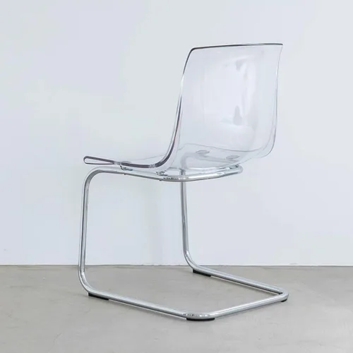 Vista 2 de Sillas de comedor transparentes, silla de acrílico transparente, sillas de cocina fantasma con patas de metal plateado, sillas de plástico modernas
