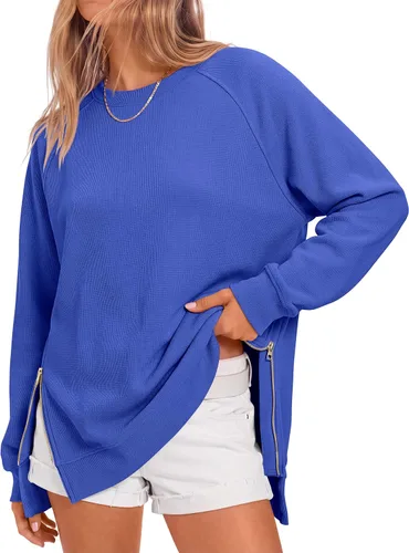 Vista 10 de ANRABESS - Sudadera de gran tamaño para mujer, cuello redondo, manga larga, tipo túnica, con cremallera lateral, sudadera con capucha, suéter