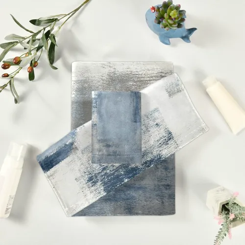 Vista 6 de Juego de toallas de baño vintage, juego de 3 toallas suaves de pintura abstracta retro azul gris