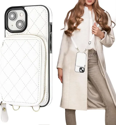 Vista 13 de Bocasal Funda tipo cartera con bandolera para iPhone 15, de cuero PU con bloqueo RFID, con cierre de cremallera, cartera tipo bolso con función
