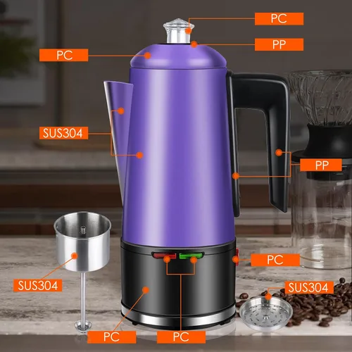 Vista 3 de Percolador de café eléctrico de 12 tazas Percolator Cafetera de acero inoxidable con perilla transparente, mango de tacto frío, función