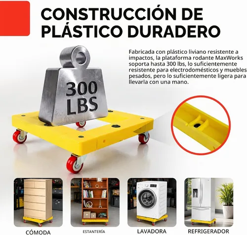 Vista 3 de Maxworks 50698 - Rodillo cuadrado para muebles, carrito de mudanza, amarillo, capacidad de 300 libras, 16 x 16 pulgadas