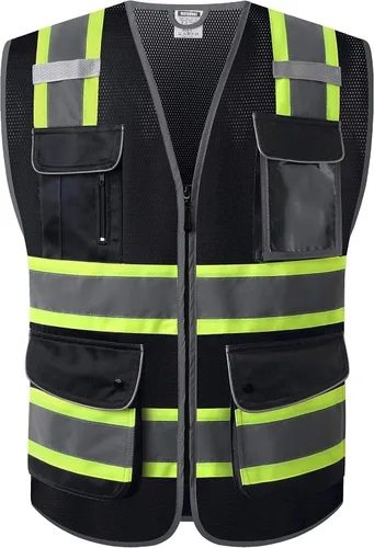 Vista 6 de Chalecos de seguridad reflectantes clase 2 retro con 9 bolsillos y cremallera frontal ANSI/ISEA 107-2015 (Negro-03, S)