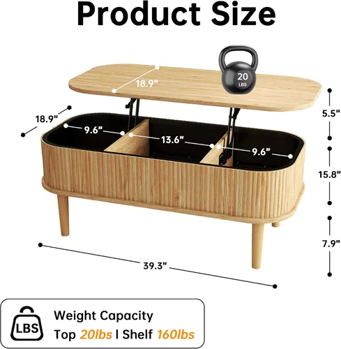 Vista 2 de Mesa de centro acanalada con tapa elevable y almacenamiento oculto, mesa de centro ovalada con tapa elevable, diseño moderno de mediados de siglo
