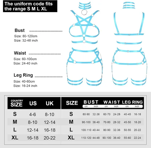 Vista 4 de Conjunto de liguero de pentagrama para mujer, con arnés para el cuerpo, estilo punk, gótico, carnaval, Halloween, elástico, ajustable, disfraz