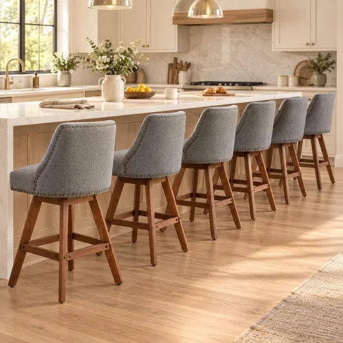 Vista 37 de Juego de 2 taburetes de bar giratorios modernos, taburetes de bar de 26.6 pulgadas de altura de mostrador beige con respaldo para isla de cocina