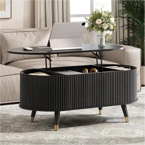 Vista 17 de Mesa de centro elevable con almacenamiento, mesa central negra de 32 pulgadas para sala de estar, mesa de comedor cuadrada con patas de madera maciza