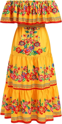 Vista 3 de Vestido mexicano para mujer, estampado floral, tradicional, étnico, hombros descubiertos, playa, vacaciones, fiesta, vestidos largos