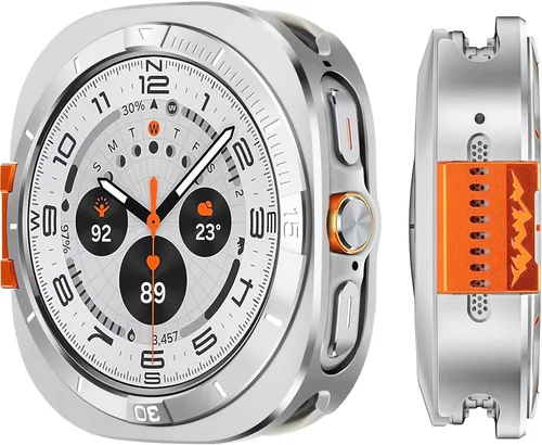Vista 16 de Funda de metal compatible con Samsung Galaxy Watch 8 de 1.732 pulgadas, 2 en 1, con marco trasero para Galaxy Watch 8 de 1.732 in (negro/naranja)