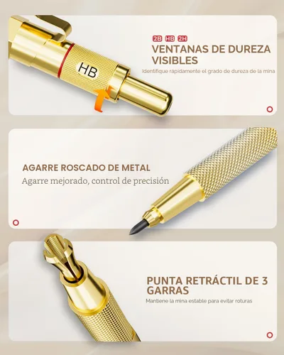 Vista 2 de Nicpro - Juego de lápices mecánicos dorados, 3 lápices metálicos de dibujo de 0.01 pulgadas, 0.02 pulgadas y 0.03 pulgadas, y 3 lápices con minas