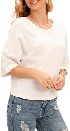 Vista 4 de LNX Camisas de lino con botones y cuello en V para mujer, blusas casuales de verano