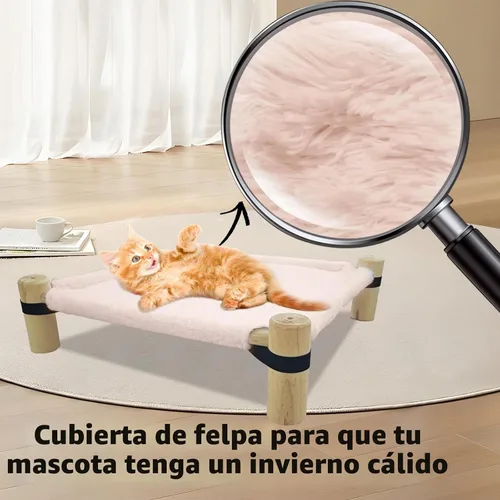 Vista 2 de Pozico Cama hamaca para gatos – Cama elevada de madera para gatos/perros con tela esponjosa de invierno – Mueble elevado para mascotas para perros