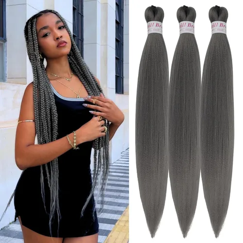 Vista 57 de Pelo corto negro trenzado preestirado de 14 pulgadas para trenzas sin nudos, pelo sintético 1B trenzado para trenzas Bob Box