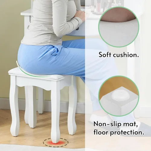 Vista 6 de Juego de mesa de tocador de maquillaje con taburete con cajones, espejo iluminado regulable con luz de control de voz y táctil, tocador
