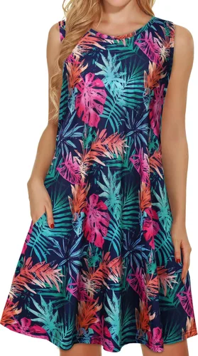 Vista 16 de elescat Vestidos de verano para mujer 2025, vestido casual de playa sin mangas con estampado floral, tipo camiseta, suelto y con bolsillos