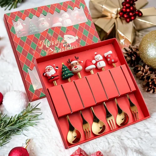 Vista 7 de MagiDeal Juego de 6 cucharas de Navidad, tenedores de acero inoxidable, cucharas de postre de acero inoxidable, cucharas de postre de sopa, cucharas