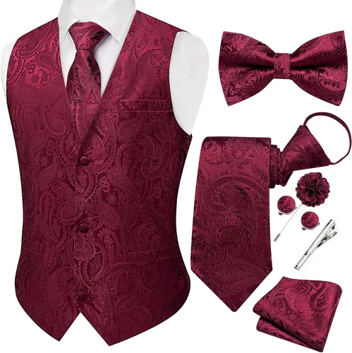 Vista 17 de DiBanGu Conjunto de chaleco de traje de cachemira y corbata preatada para Dorado y Negro