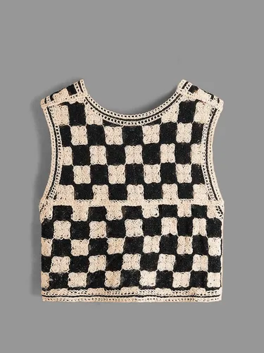 Vista 2 de Verdusa Chaleco de punto a cuadros sin mangas con cuello en V y botones para mujer