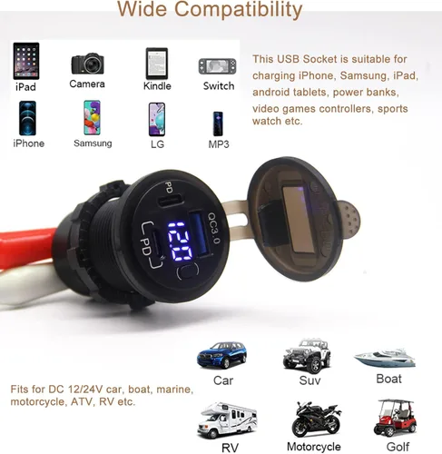Vista 7 de Toma de corriente USB de 12 V, enchufe de cargador de coche USB C dual y puerto de carga rápida 3.0 con voltímetro e interruptor de alimentación