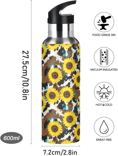 Vista 9 de Yellow Sunflowers Rustic Cow Print Stainless Steel Water Bottle 20 Oz Leakproof Water Bottles, BPA-Free Sport Water Bottle Insulated