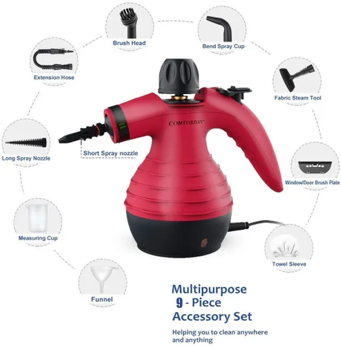 Vista 2 de Comforday Limpiador de vapor presurizado de mano – Vaporizador multiusos con kit de accesorios de 9 piezas para eliminación de manchas, tapicería