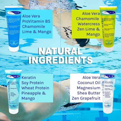 Vista 3 de TRISWIM Serious Swimmers Splash Box Lavado corporal después de nadar + champú y acondicionador para nadadores + loción Spray antirozaduras
