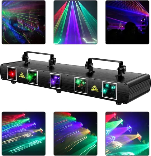 Vista 6 de U`King - Luz láser de DJ, 5 efectos de haz de luz, luces de fiesta de DJ activadas por sonido, espectáculo de luz láser RGBYC LED con control DMX