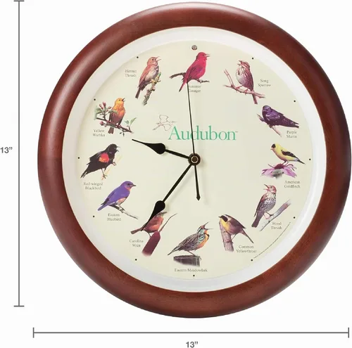 Vista 2 de Mark Feldstein, Audubon - Reloj de pared con diseño de pájaro cantante, 13 pulgadas, cereza prémium