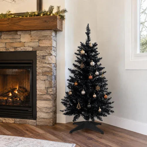 Vista 2 de Mini Árbol de Navidad de 3 pies artificial de escritorio para la decoración de Navidad y Halloween con 160 puntas de ramas, negro