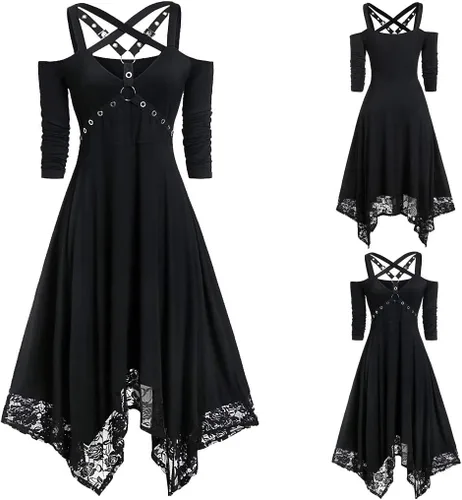 Vista 2 de Vestido gótico con vuelo para mujer, con tirantes delgados, hombros descubiertos, encaje, transparente, negro, irregular, vestido midi vintage