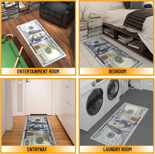 Vista 3 de Tapete largo y moderno con diseño de billetes de $100, tapete con respaldo de caucho antideslizante y lavable a máquina para pasillo, cocina