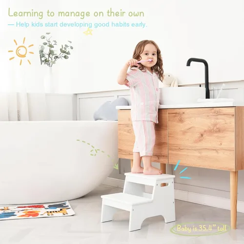 Vista 2 de Forbena Taburete de madera para fregadero de baño, taburete de inodoro blanco para niños para entrenamiento de orinal, taburete de 2 escalones