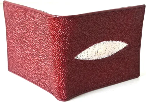 Vista 4 de Auténtico Stingray Skin para hombre Bifold blanco perla ojo borgoña rojo cartera