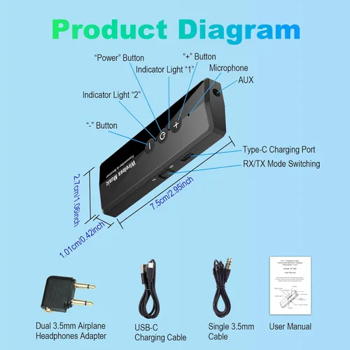 Vista 9 de Transmisor y receptor Bluetooth 5.4, adaptador de audio Bluetooth para avión, transmisor de audio inalámbrico para auriculares, viaje, vuelo, TV
