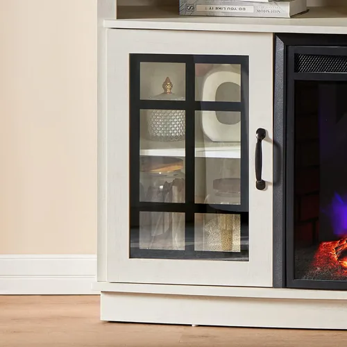 Vista 4 de AMERLIFE - Soporte de TV curvado con chimenea de 59 pulgadas con almacenamiento para televisores de hasta 65 pulgadas Blanco gastado