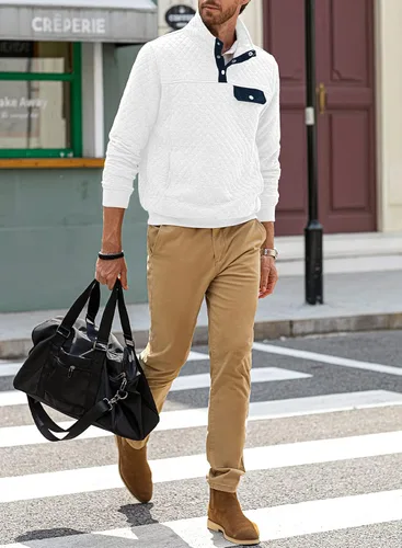 Vista 9 de JMIERR Sudadera acolchada para hombre, casual, de manga larga, cuello alto, con botones