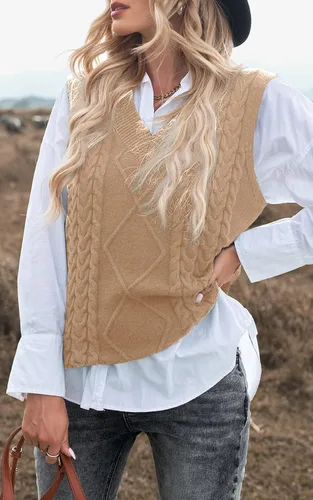 Vista 5 de NALANISA Suéter sin mangas con cuello en V para mujer, de gran tamaño, casual, holgado, de punto trenzado, sin botones, para otoño e invierno