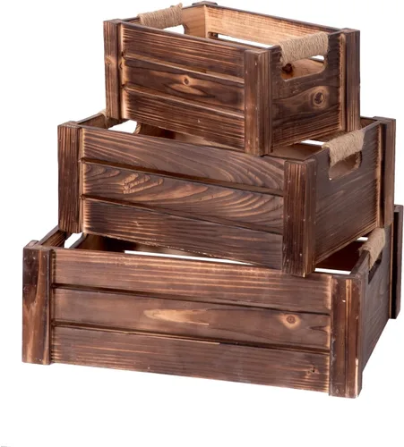Vista 10 de TIMRIS Juego de 3 cajas de madera rústica envejecida anidables, cajas de almacenamiento de madera decorativas de estilo granja, cestas de madera