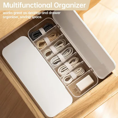 Vista 2 de PAVSTINE Organizador de Cables Caja de Almacenamiento con 7 bridas de alambre, caja de organización de cables de escritorio con tapa, organizador