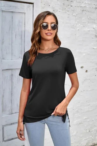 Vista 8 de Herou - Camisetas de manga largamanga corta para mujer, estilo informal, con división lateral
