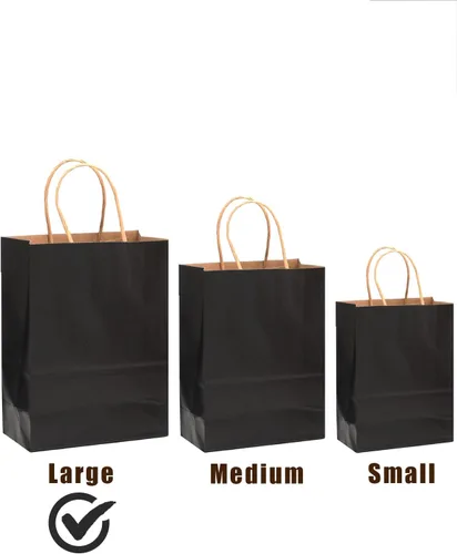 Vista 4 de qiqee Paquete de 50 bolsas de regalo de papel negro con asas a granel 13"x10.3"x4.6" bolsas de favor para fiestas de tamaño grande múltiples usos