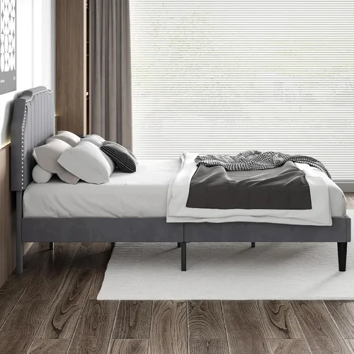 Vista 4 de VECELO Base de cama tapizada de tamaño matrimonial con cabecera ajustable copetuda, base de colchón, soporte de listones de madera, fácil montaje