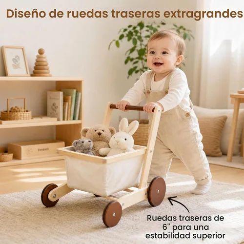 Vista 3 de Woodtoe Andador de madera para bebés, cochecito de muñeca para niños y Caminante de aprendizaje para bebés, ruedas traseras grandes y estables