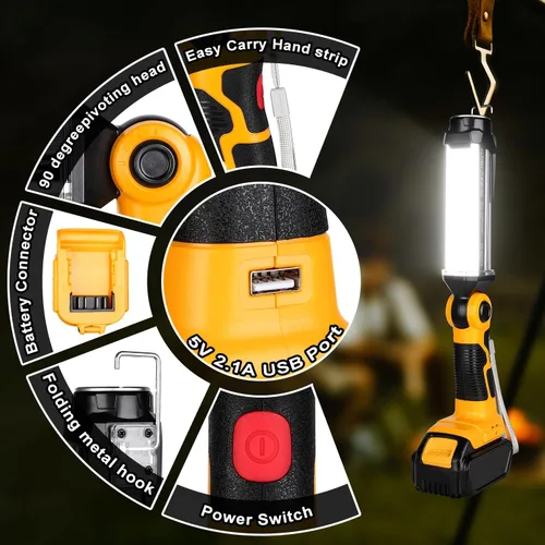 Vista 5 de DTEZTECH Luz de trabajo LED para batería Dewalt de 14.4 V-20 V Max, linterna inalámbrica multifuncional de 2000 lm para exteriores, 25 W, adecuada