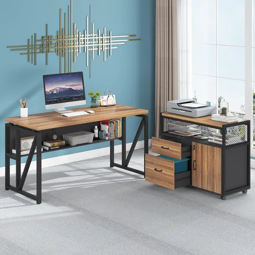 Vista 7 de Tribesigns Escritorio en forma de L de 55 pulgadas con cajón, escritorio ejecutivo para computadora y archivador lateral, 2 piezas de muebles