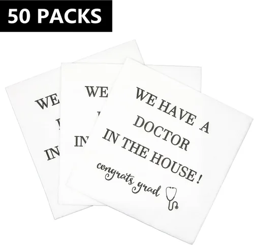 Vista 2 de Servilletas con texto en inglés "We Have A Doctor In The House", servilletas de graduación de doctor, decoraciones de graduación de doctor clase