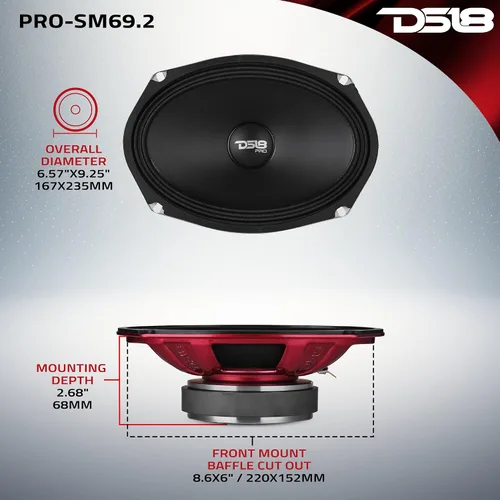 Vista 5 de DS18 PRO-SM69.2 6x9 Altavoz de Cono de Rango Medio de Montaje Poco Profundo Resistente al Agua, 500W Potencia Máxima, 250W RMS, 2 Ohmios - Perfecto