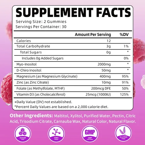 Vista 2 de Gomitas de mio-inositol y D-Chiro inositol, proporción 40:1 suplemento de inositol con vitamina D3, glicinato de magnesio, folato y zinc